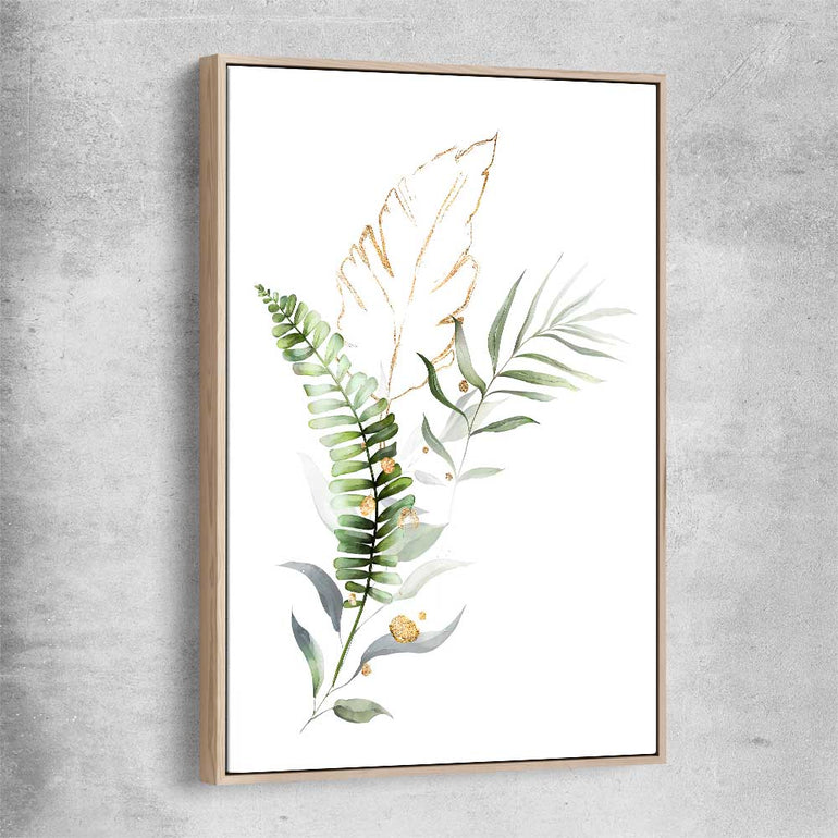 Floral print of Botanic Gold Two with raw oak framed canvas