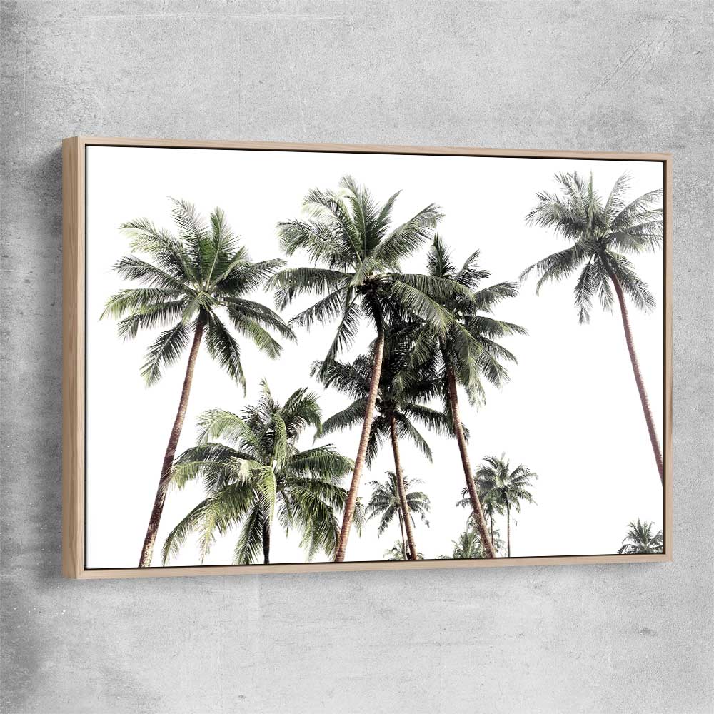 Floral print of Bright Palm Skies with raw oak framed canvas