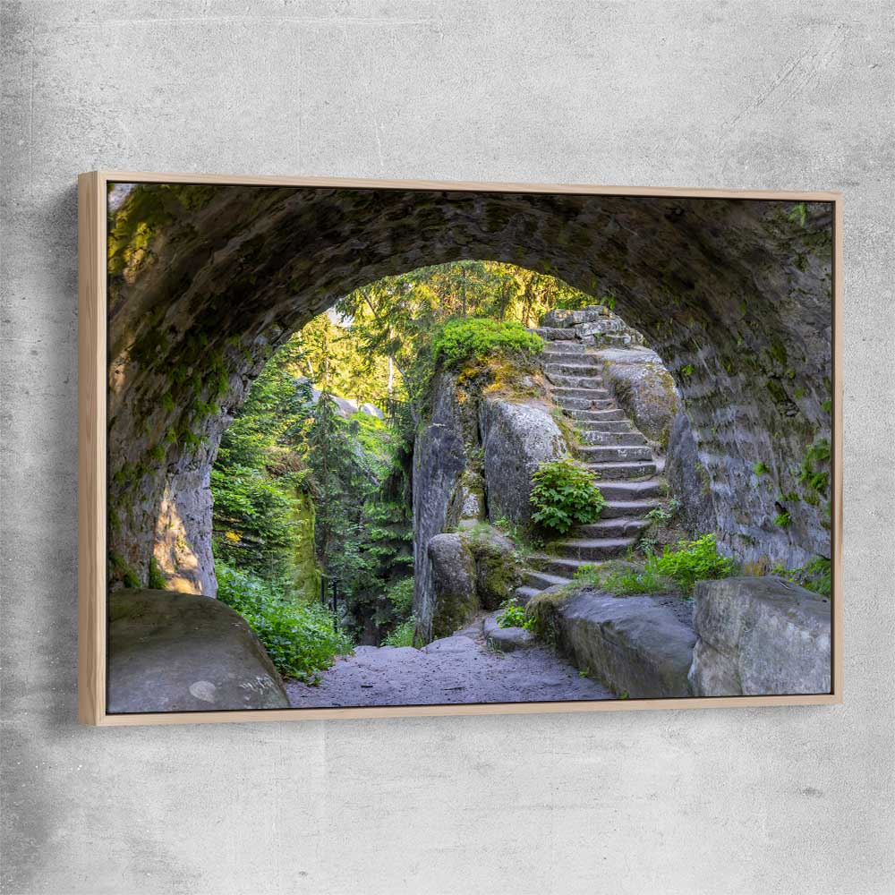Floral print of Broumovske Steny Arch with raw oak framed canvas