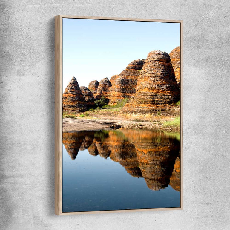 Floral print of Bungles Reflection with raw oak framed canvas