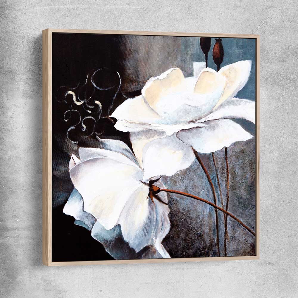 Floral print of Calming White Flowers with raw oak framed canvas