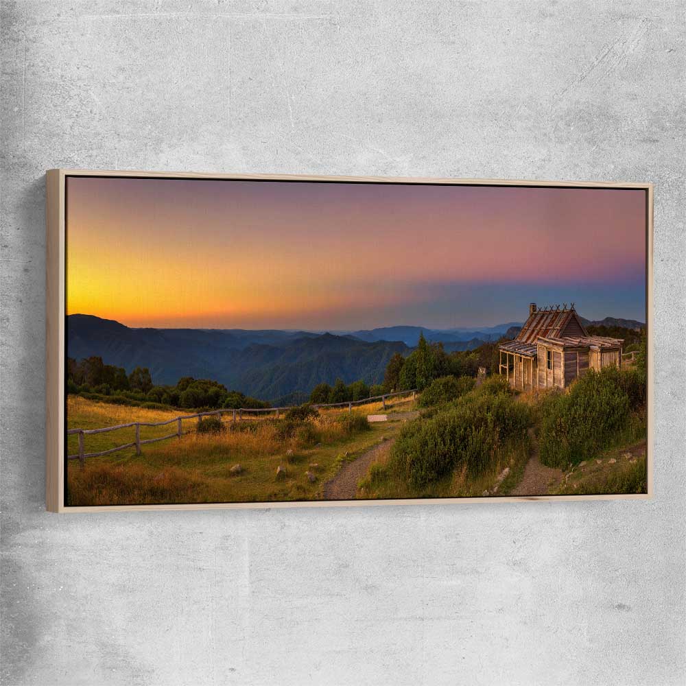 Floral print of Craigs Hut Victorian Alps with raw oak framed canvas