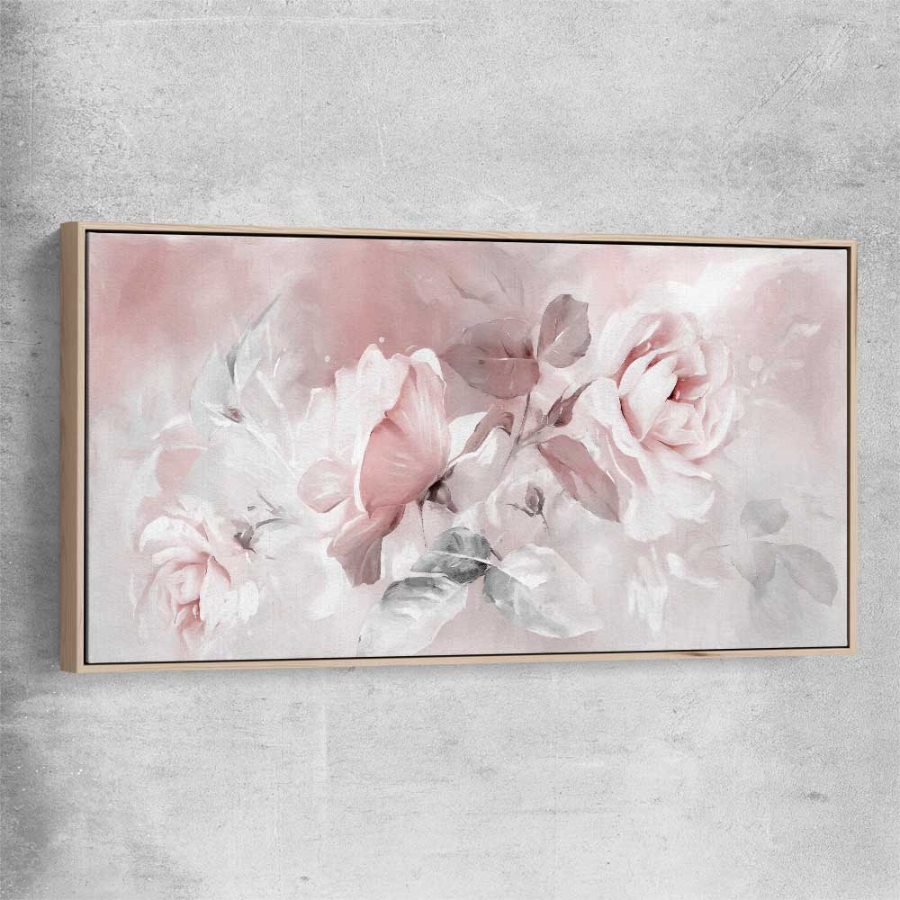 Floral print of Delicate Pink Rose with raw oak framed canvas