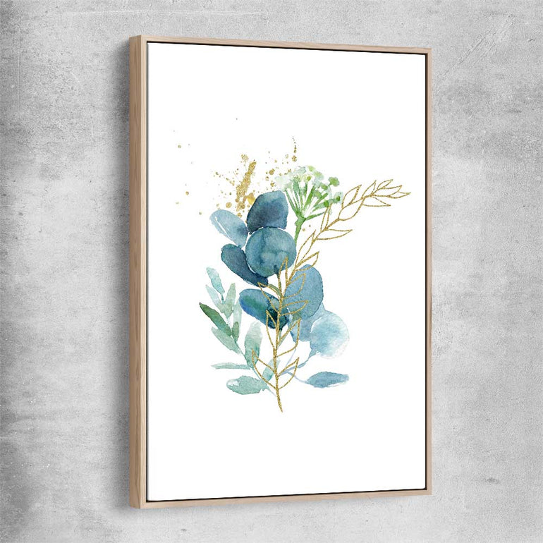 Floral print of Eucalyptus Bunch One with raw oak framed canvas