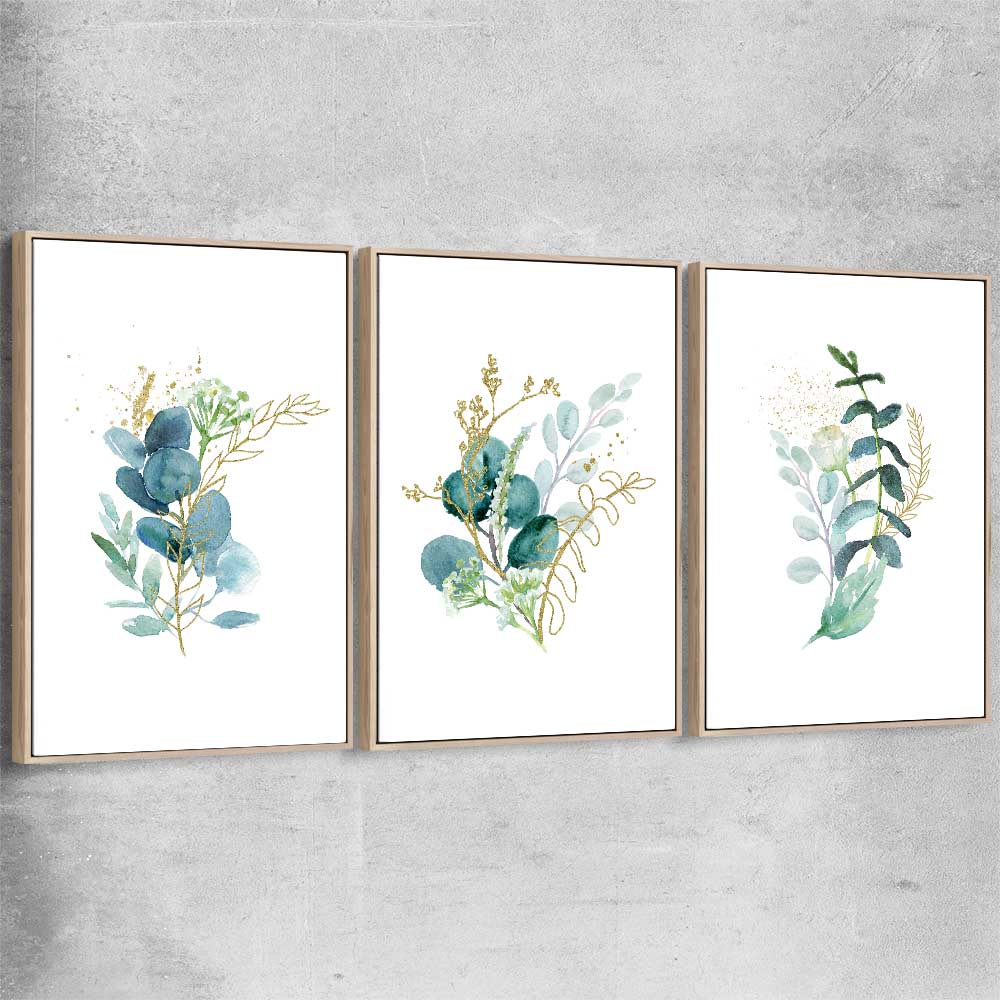 Floral print of Eucalyptus Bunch Set with raw oak framed canvas