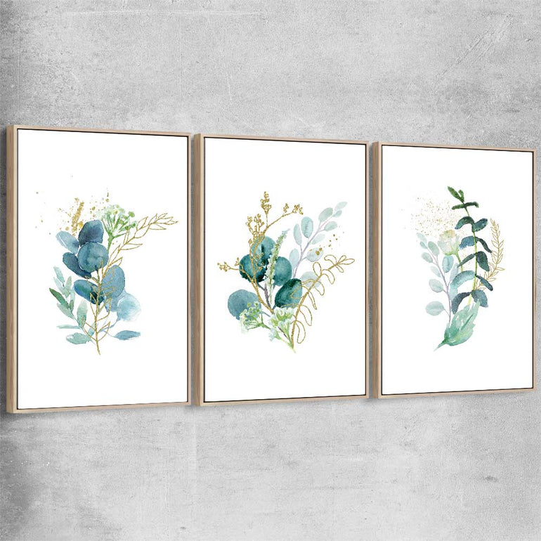 Floral print of Eucalyptus Bunch Set with raw oak framed canvas