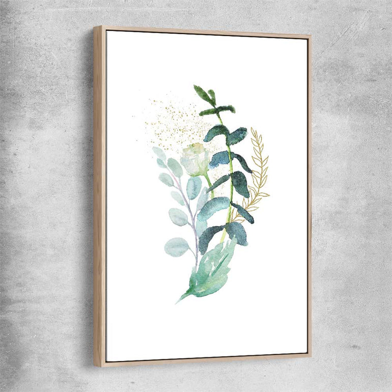 Floral print of Eucalyptus Bunch Three with raw oak framed canvas