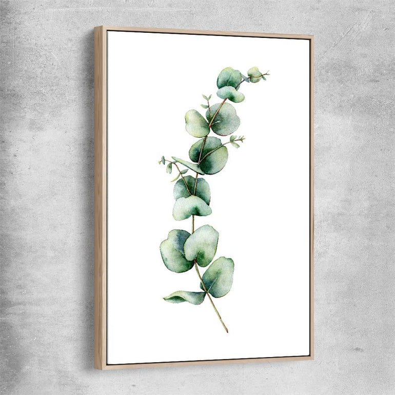 Floral print of Eucalyptus One with raw oak framed canvas