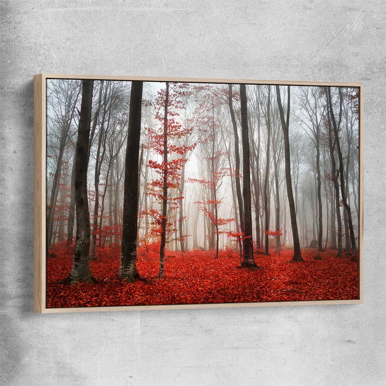 Floral print of Foggy Autumn Forest with raw oak framed canvas