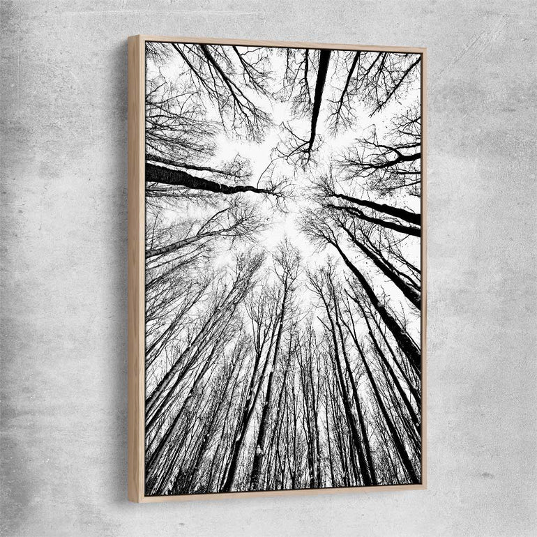 Floral print of Forest Sky with raw oak framed canvas