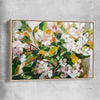Floral print of Green Blossom with raw oak framed canvas