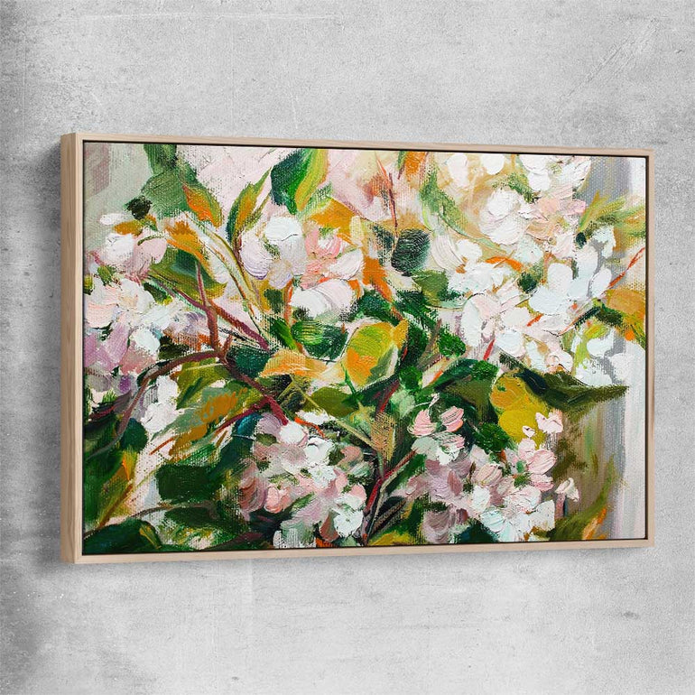 Floral print of Green Blossom with raw oak framed canvas