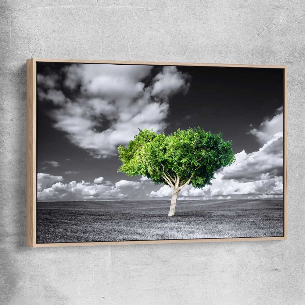 Floral print of Green Tree Horizon with raw oak framed canvas