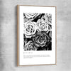Floral print of Grey Flowers Typo with raw oak framed canvas