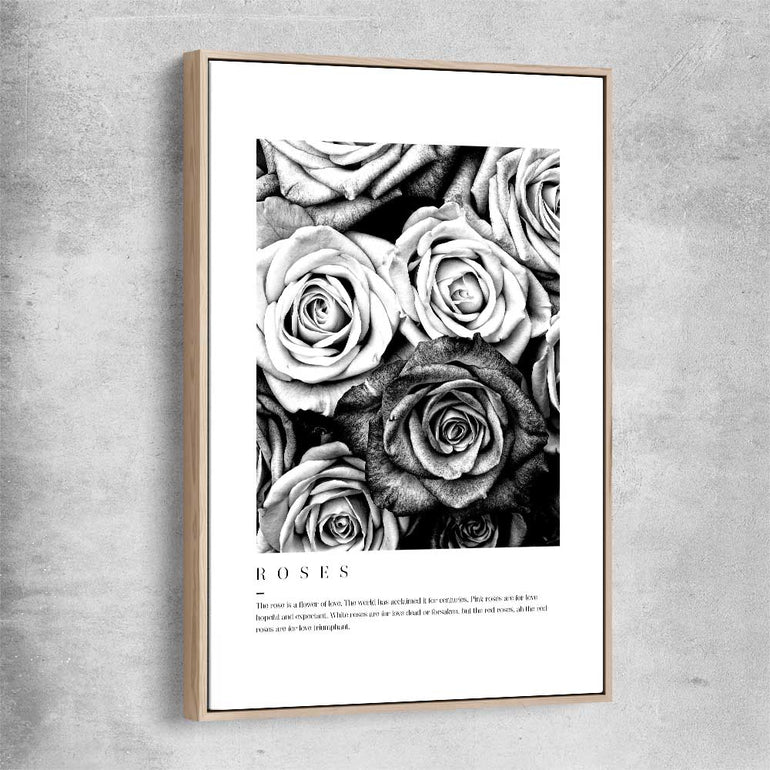 Floral print of Grey Flowers Typo with raw oak framed canvas