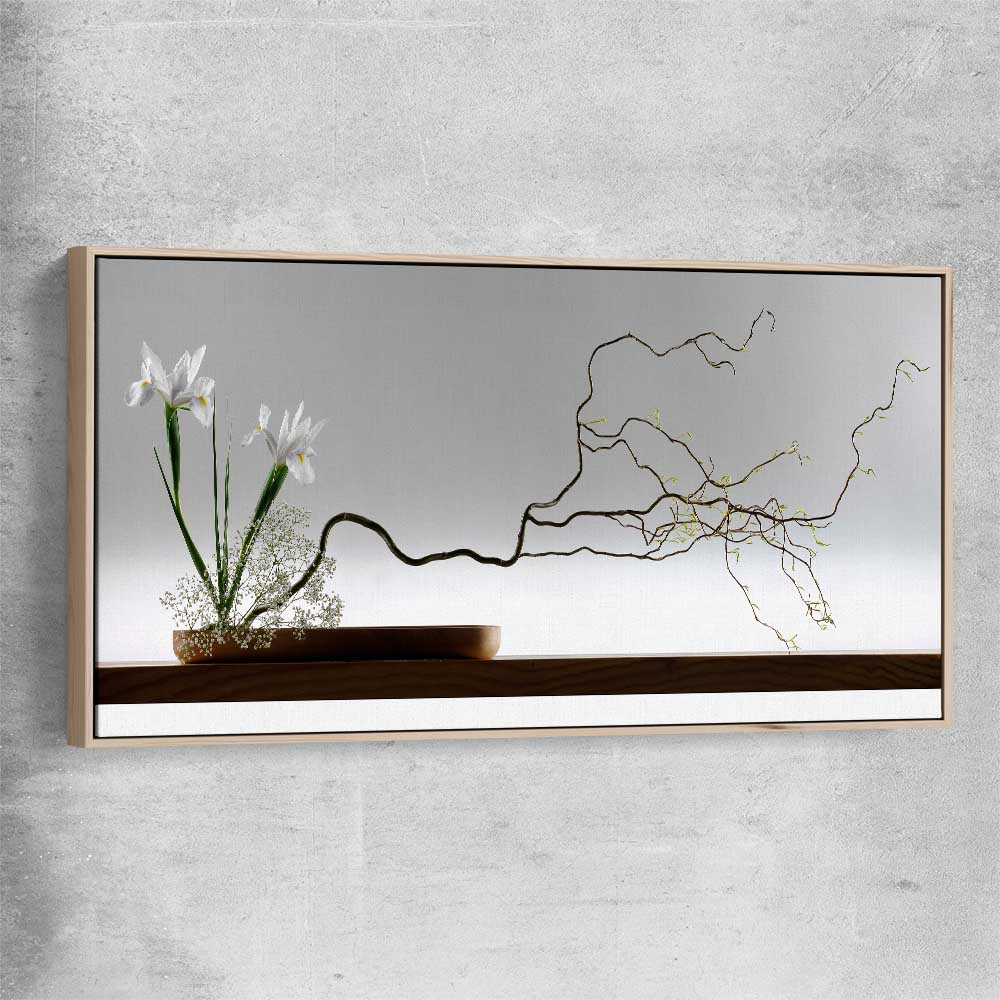 Floral print of Growing Ikebana with raw oak framed canvas