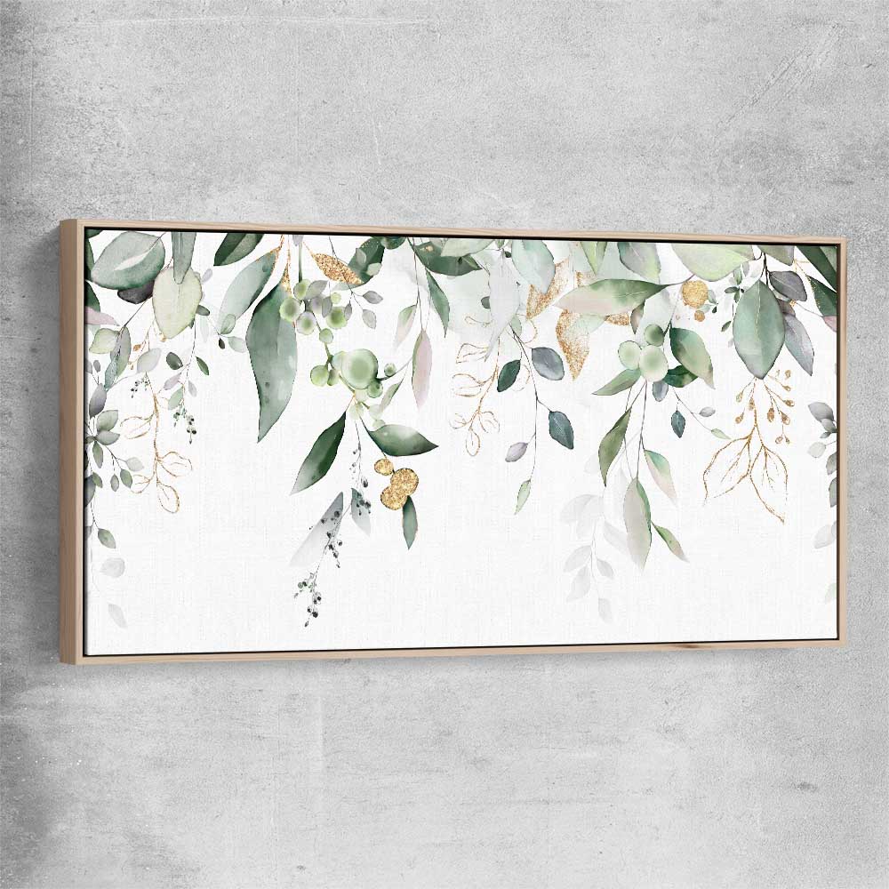 Floral print of Hanging Eucalyptus with raw oak framed canvas