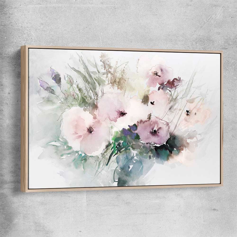 Floral print of Light Poppy Flowers with raw oak framed canvas