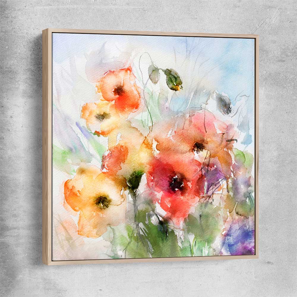 Floral print of Red Watercolour Poppies with raw oak framed canvas
