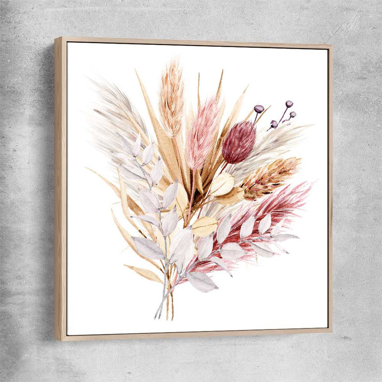 Floral print of Rustic Pampas with raw oak framed canvas