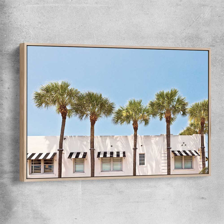 Floral print of South Miami Palms with raw oak framed canvas