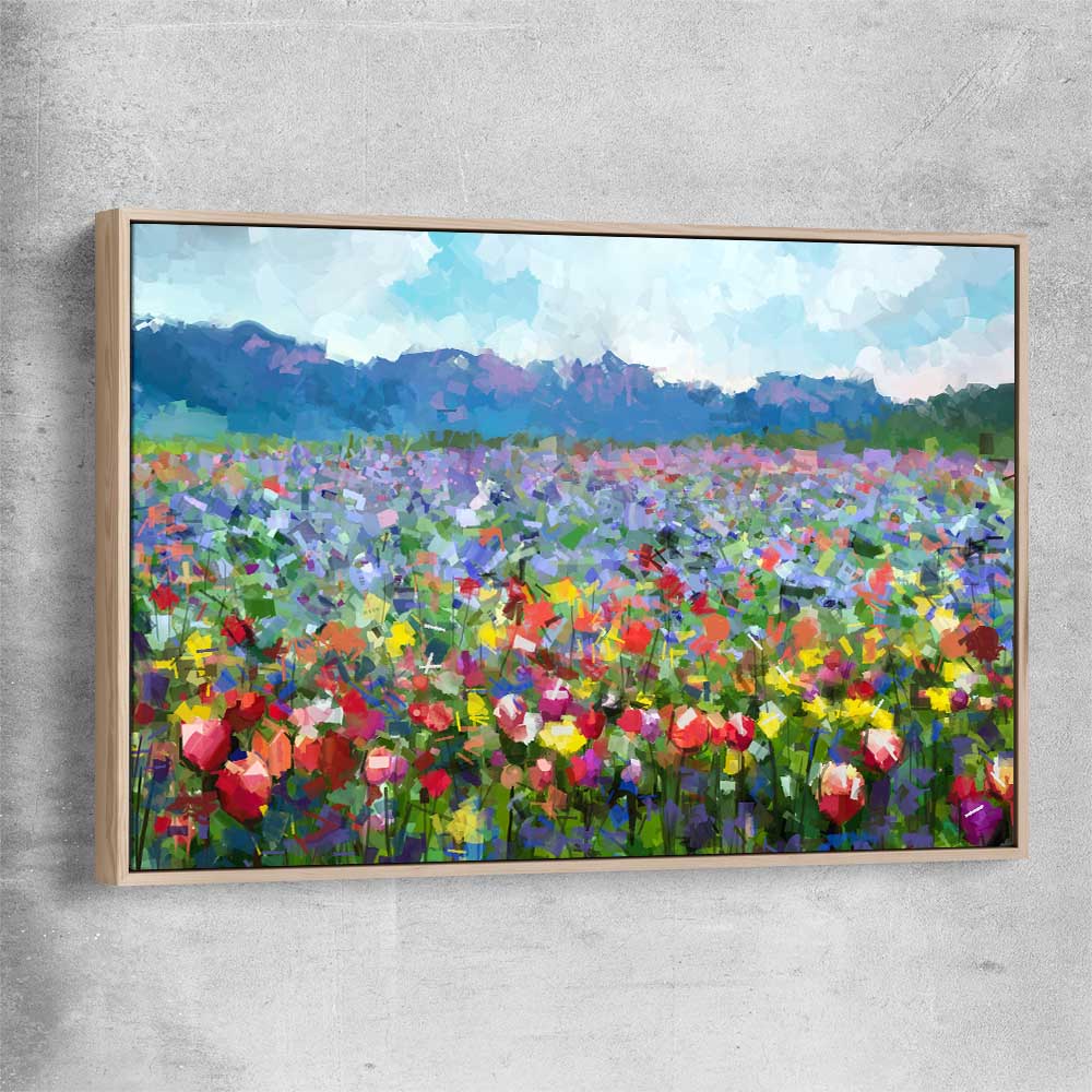 Floral print of Spring Blossom with raw oak framed canvas