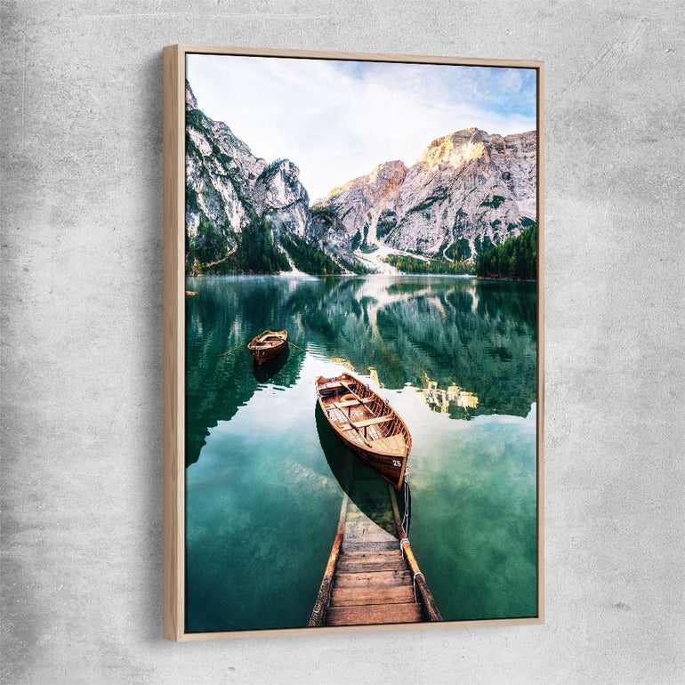 Floral print of Tranquil Lake with raw oak framed canvas