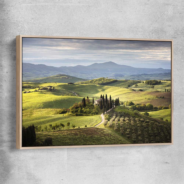 Floral print of Tuscan Countryside with raw oak framed canvas