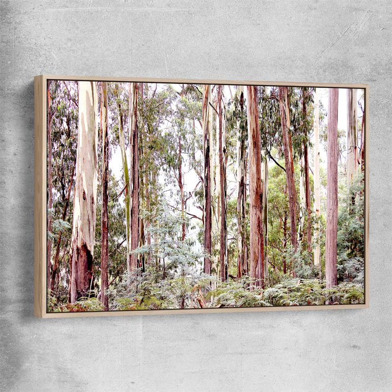 Floral print of Victorian Forest with raw oak framed canvas