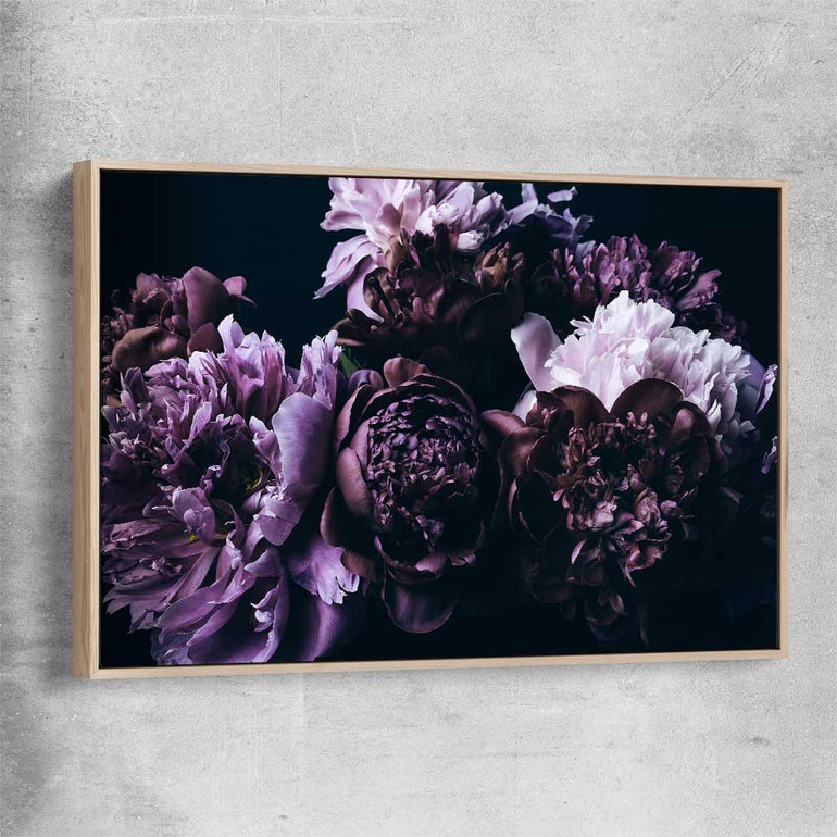 Floral print of Violet Peonies with raw oak framed canvas