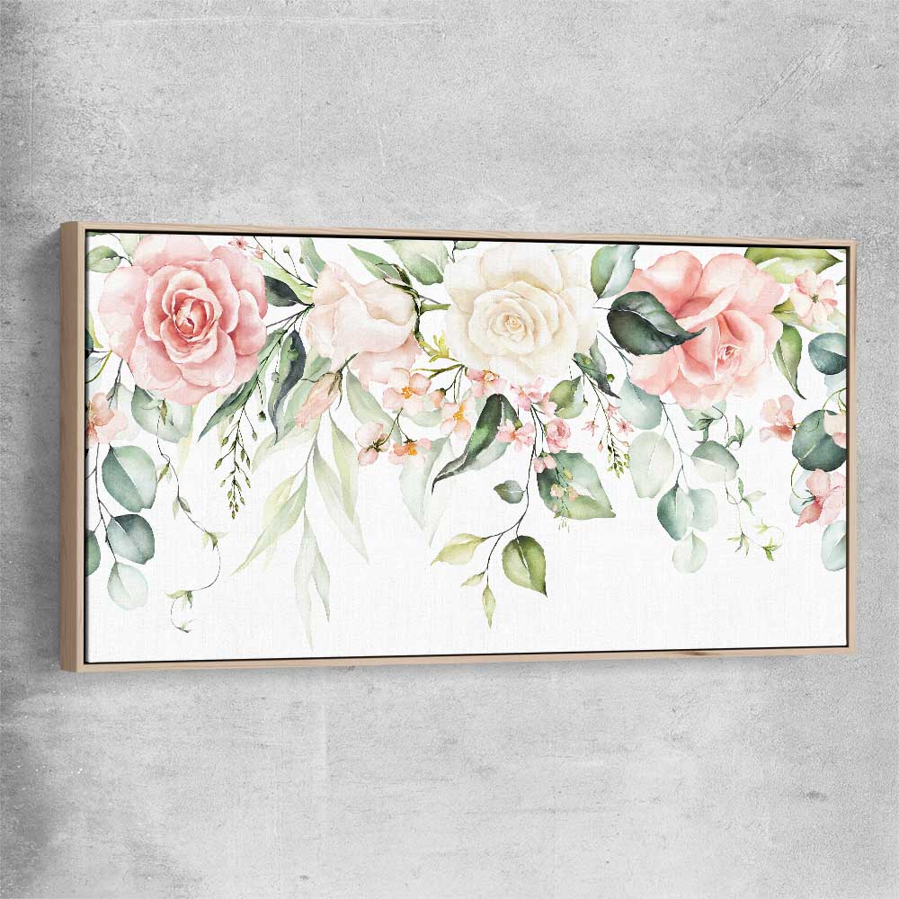 Floral print of Vivid Blossom with raw oak framed canvas