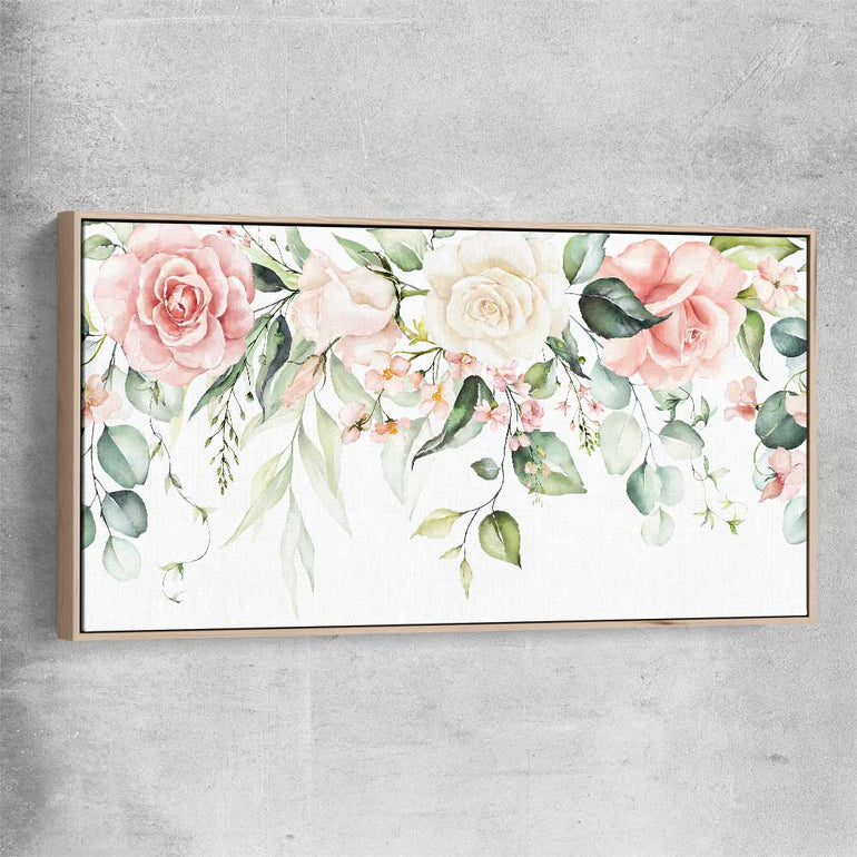 Floral print of Vivid Blossom with raw oak framed canvas