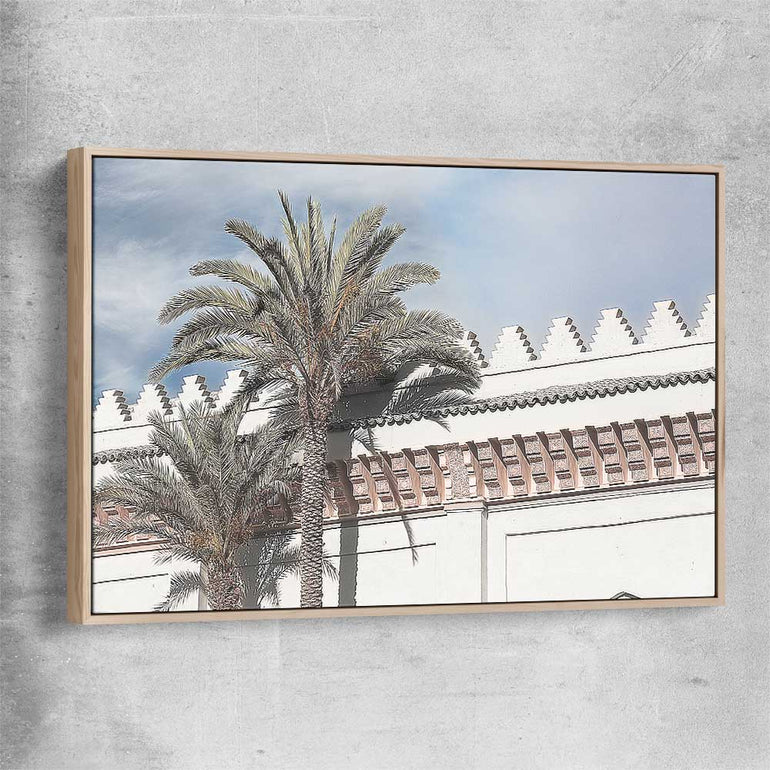 Floral print of Wanderlust Palms with raw oak framed canvas