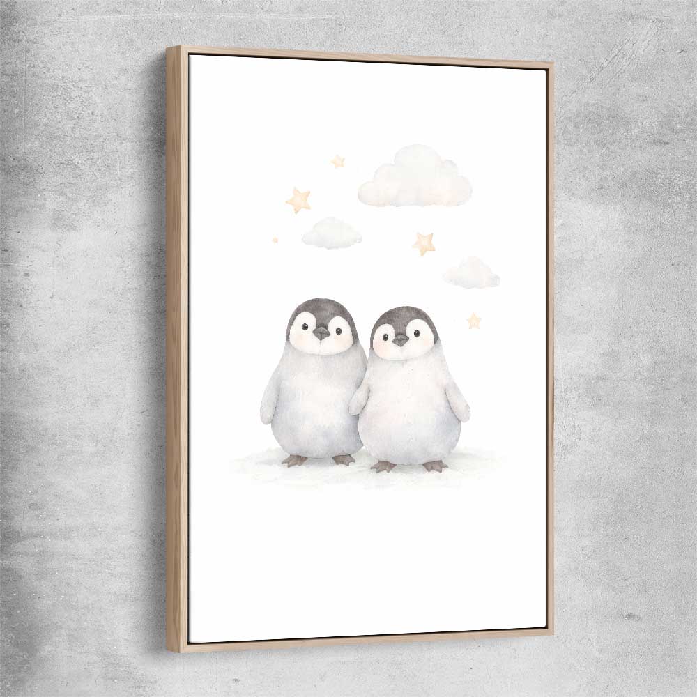 Cute Penguins raw oak framed canvas is a nursery canvas wall art and print suited for childrens nursery area