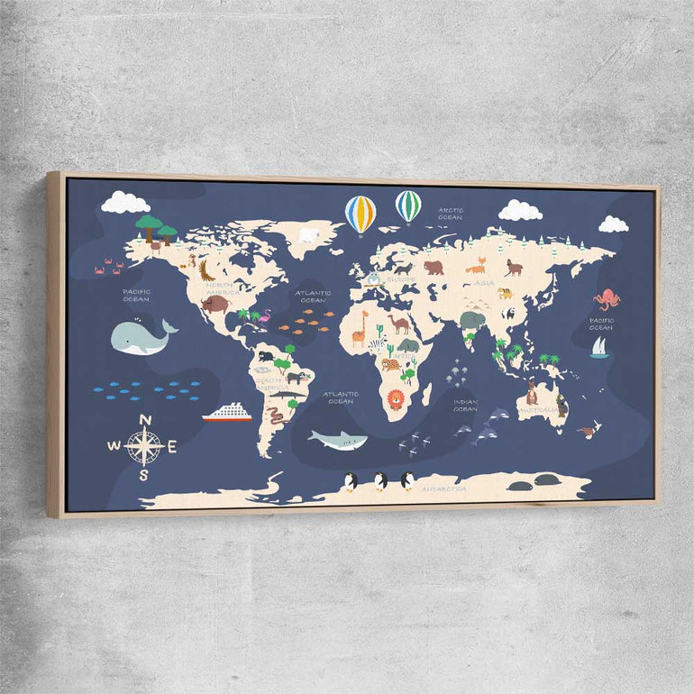 Discovery Map raw oak framed canvas is a nursery canvas wall art and print suited for childrens nursery area