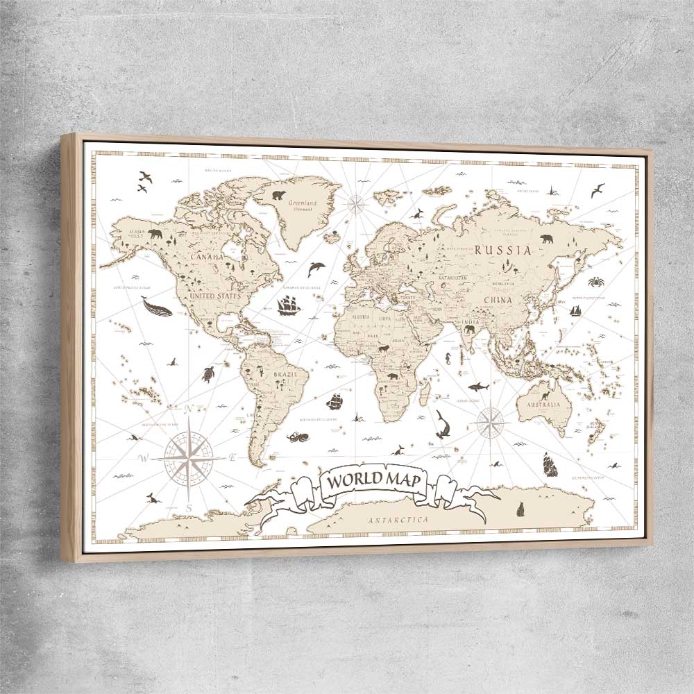Education Map raw oak framed canvas is a nursery canvas wall art and print suited for childrens nursery area