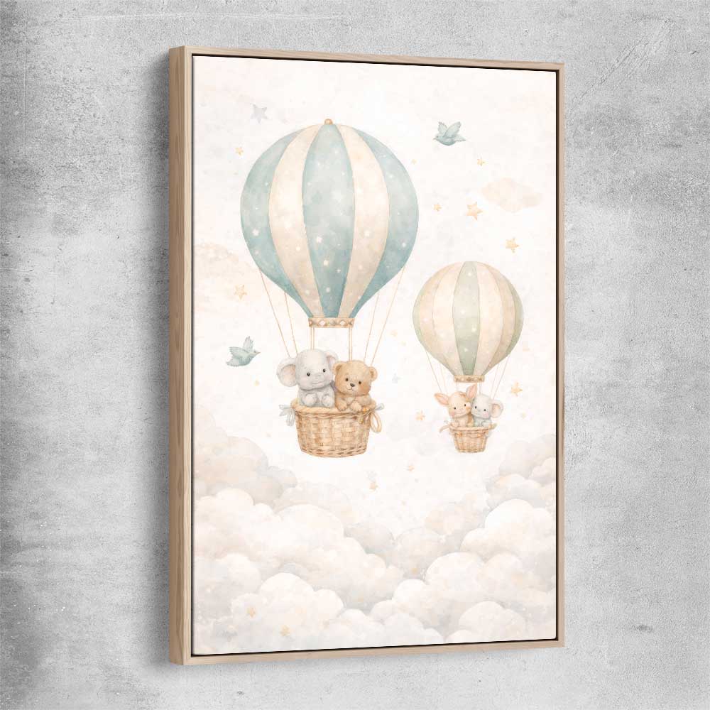 Floating Dreams raw oak framed canvas is a nursery canvas wall art and print suited for childrens nursery area