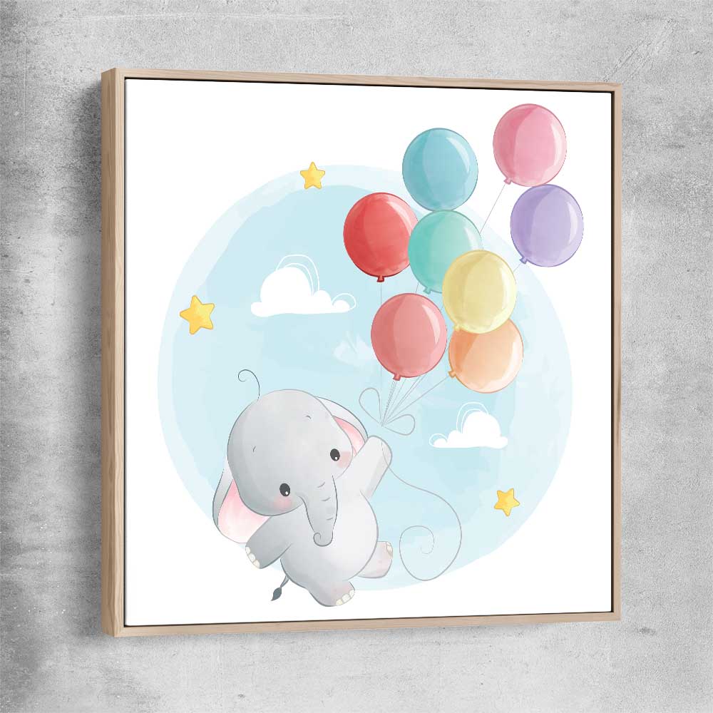 Flying Baby Elephant raw oak framed canvas is a nursery canvas wall art and print suited for childrens nursery area