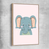 Friendly Elephant raw oak framed canvas is a nursery canvas wall art and print suited for childrens nursery area