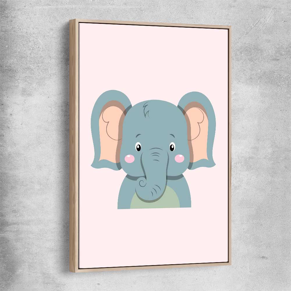 Friendly Elephant raw oak framed canvas is a nursery canvas wall art and print suited for childrens nursery area