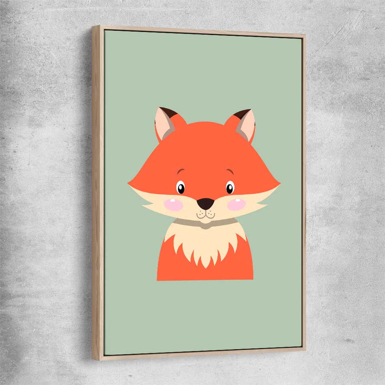 Friendly Fox raw oak framed canvas is a nursery canvas wall art and print suited for childrens nursery area