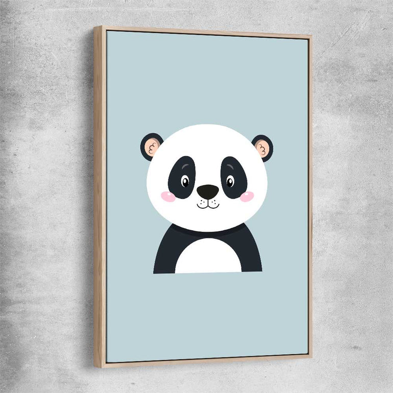 Friendly Panda raw oak framed canvas is a nursery canvas wall art and print suited for childrens nursery area
