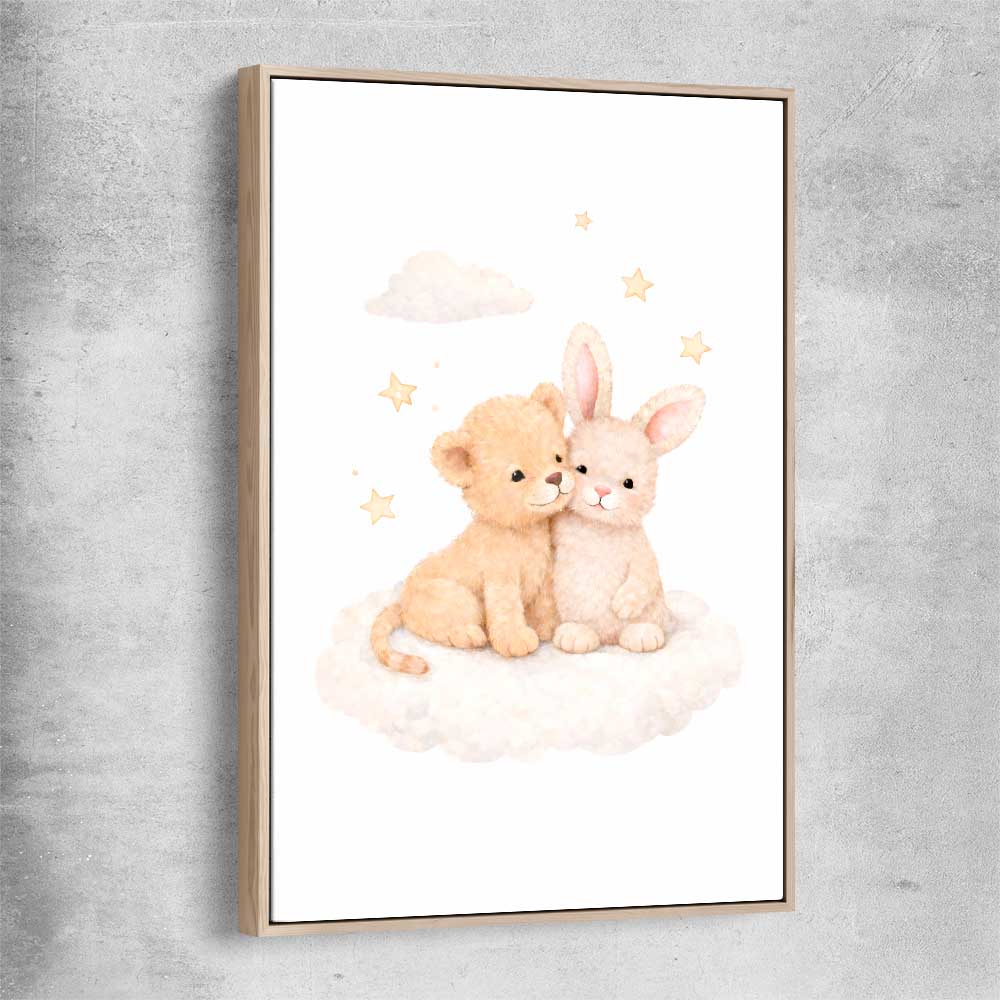 Hugs of Happiness raw oak framed canvas is a nursery canvas wall art and print suited for childrens nursery area