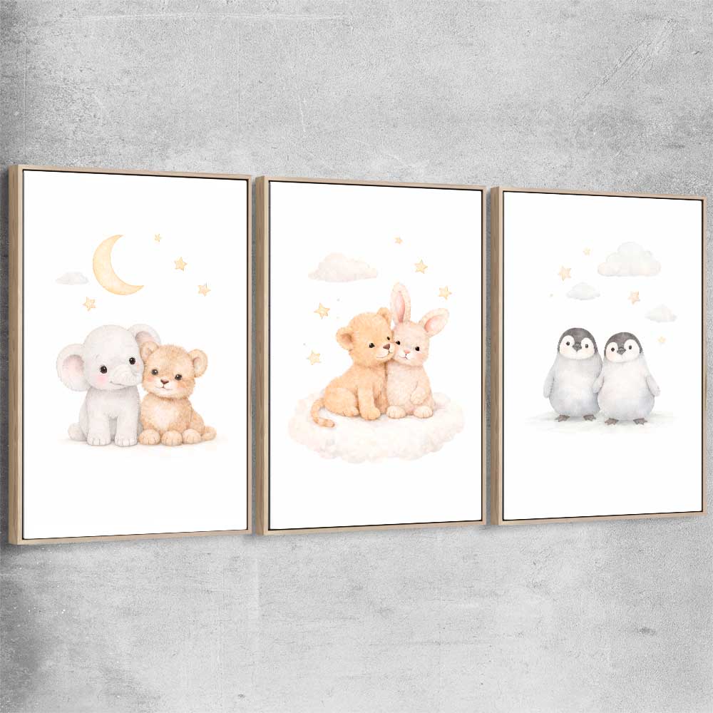 Moonlight Companions Set raw oak framed canvas is a nursery canvas wall art and print suited for childrens nursery area