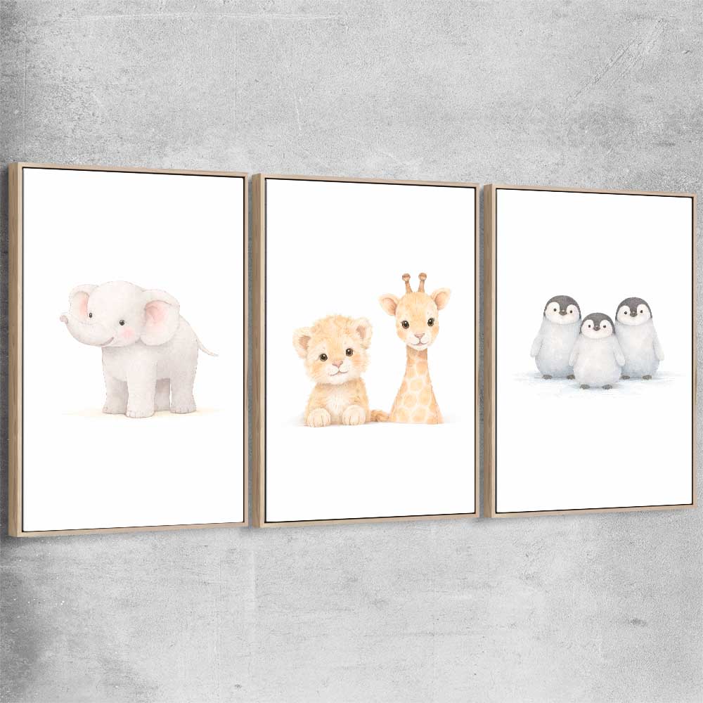 Little Animals Set raw oak framed canvas is a nursery canvas wall art and print suited for childrens nursery area