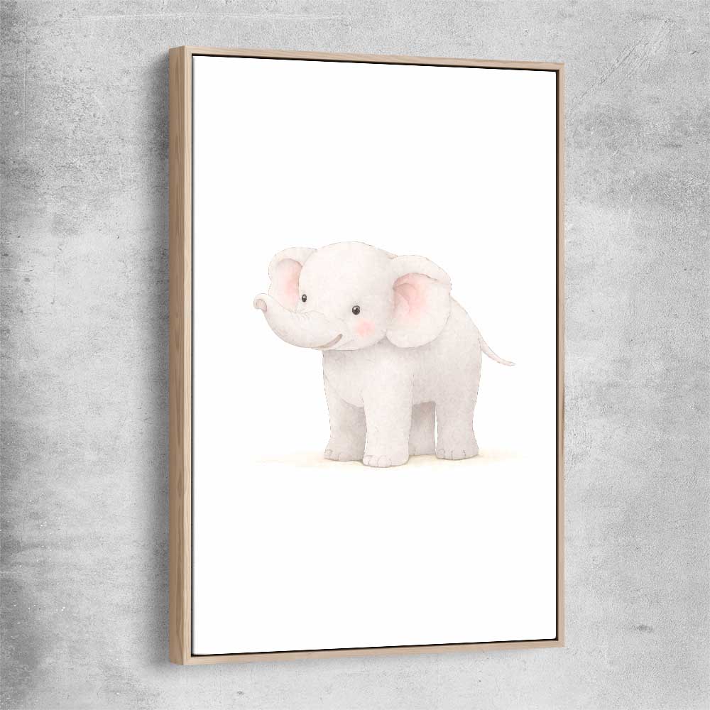 Little Elephant raw oak framed canvas is a nursery canvas wall art and print suited for childrens nursery area