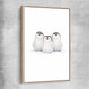 Little Penguin Trio raw oak framed canvas is a nursery canvas wall art and print suited for childrens nursery area