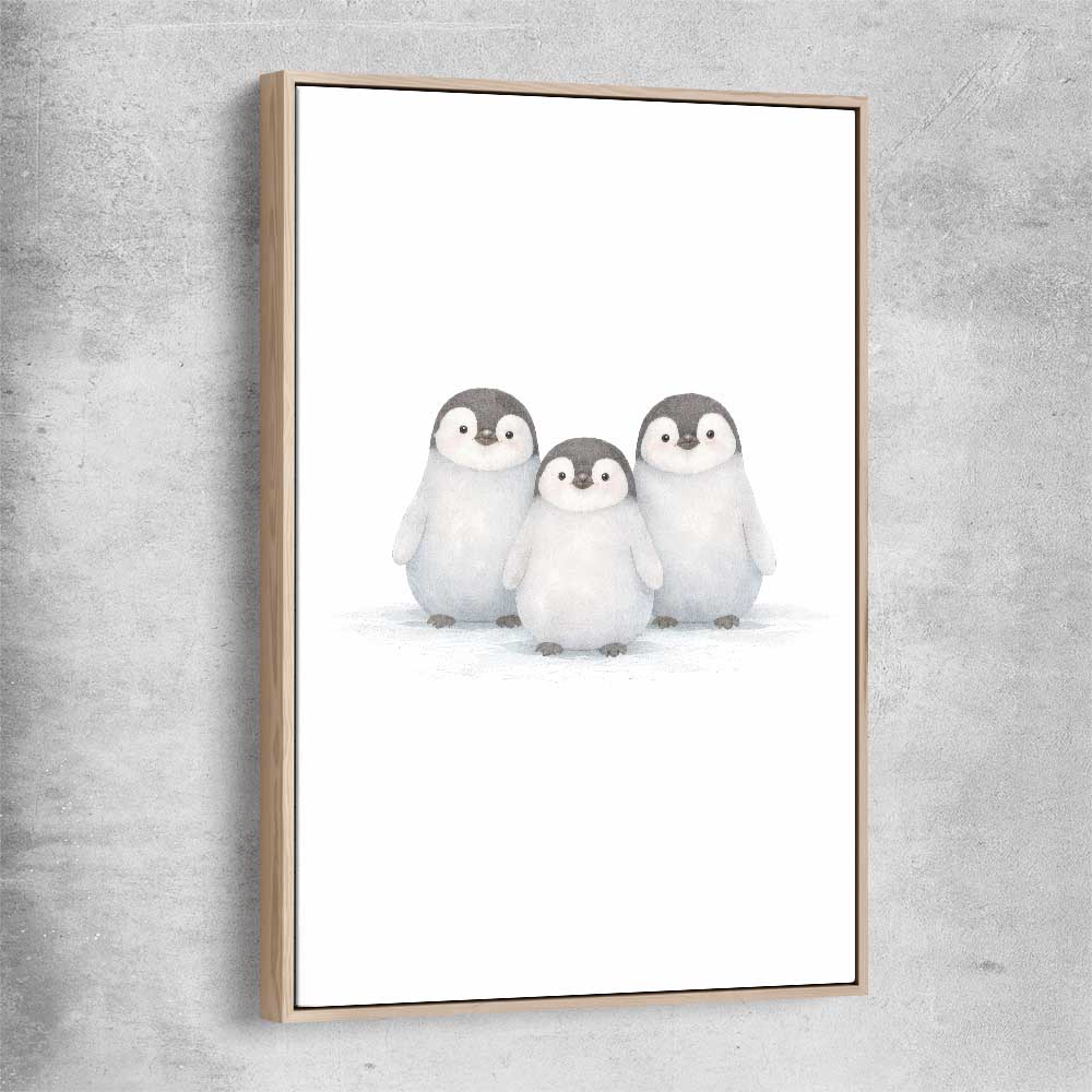 Little Penguin Trio raw oak framed canvas is a nursery canvas wall art and print suited for childrens nursery area