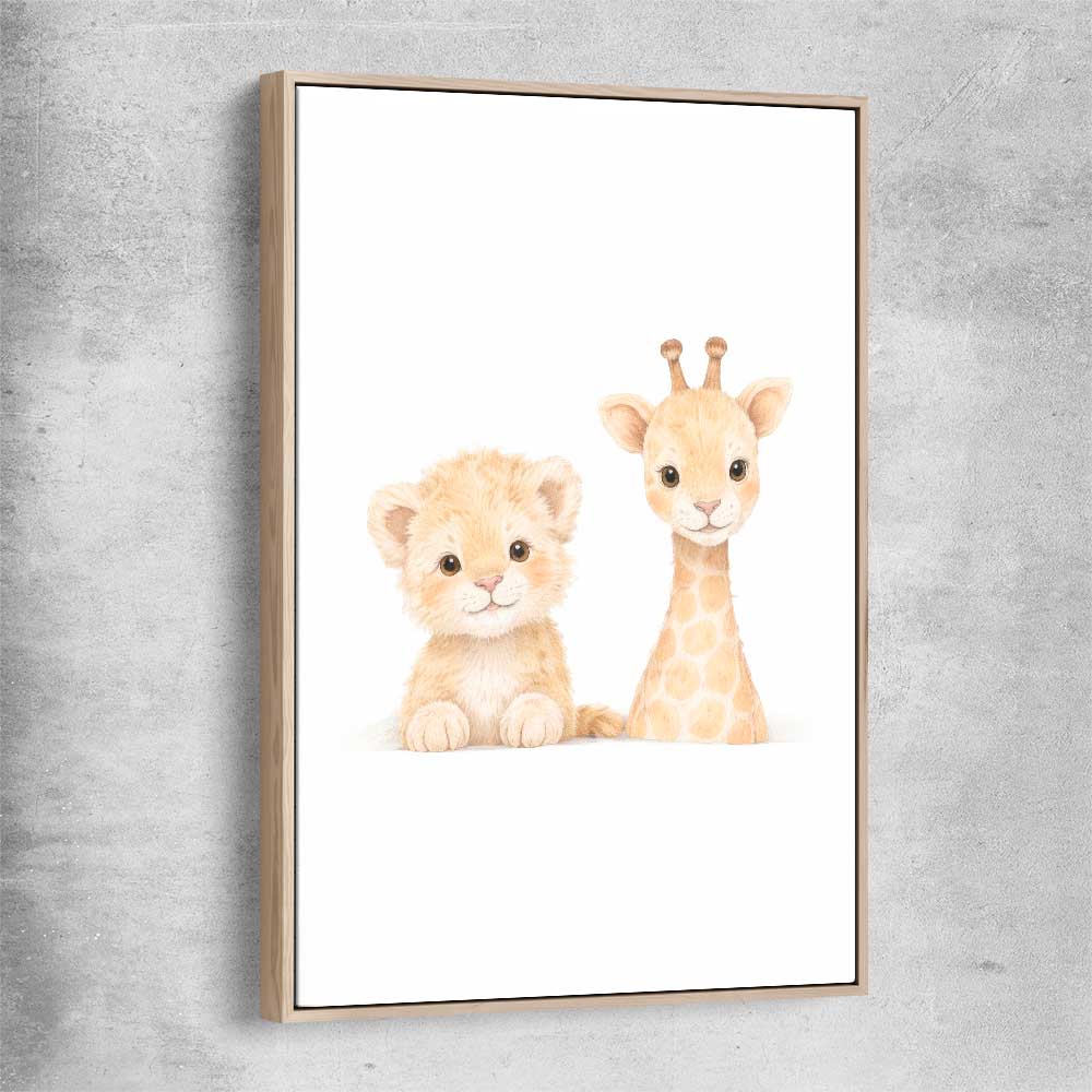 Little Safari Friends raw oak framed canvas is a nursery canvas wall art and print suited for childrens nursery area