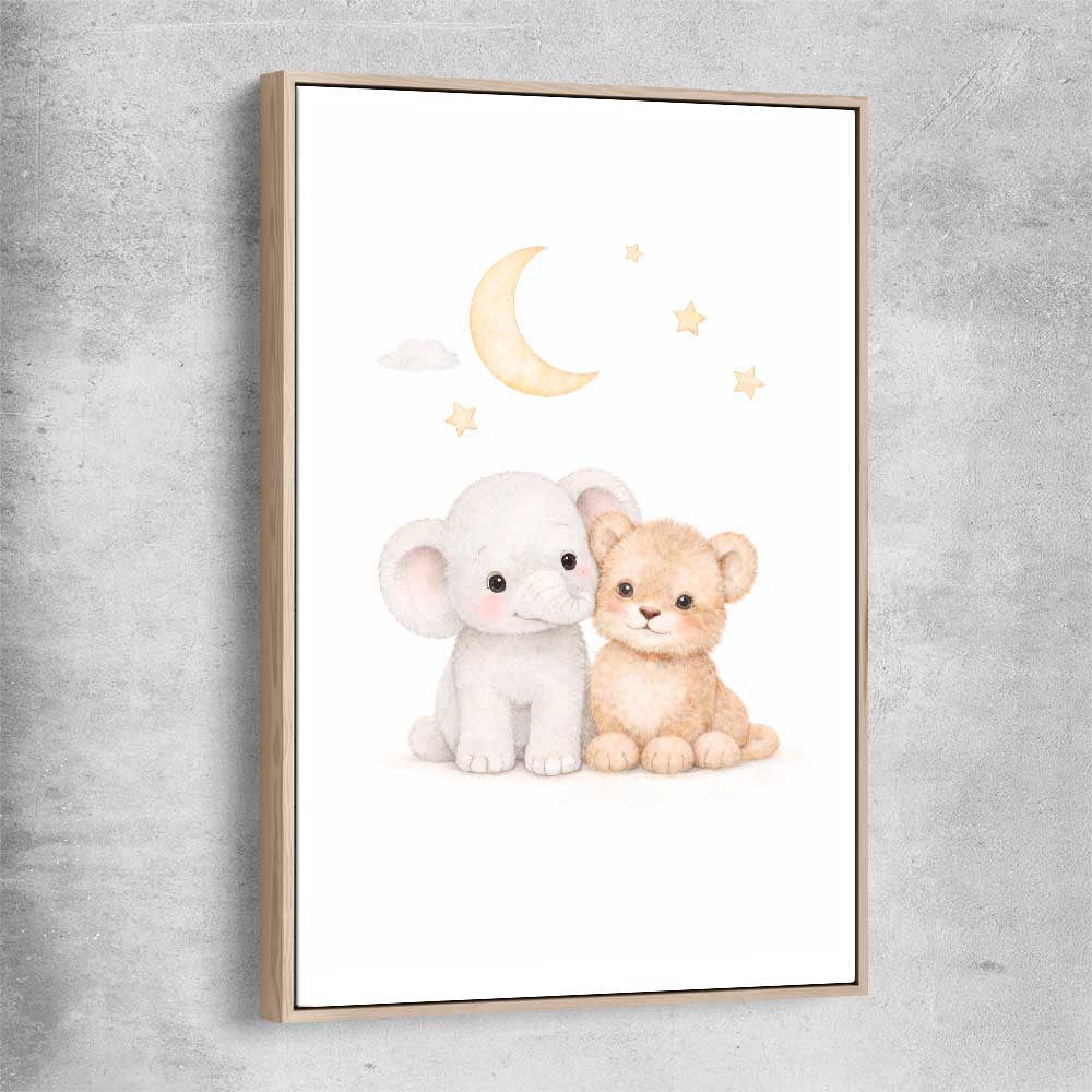 Moonlight Companions raw oak framed canvas is a nursery canvas wall art and print suited for childrens nursery area